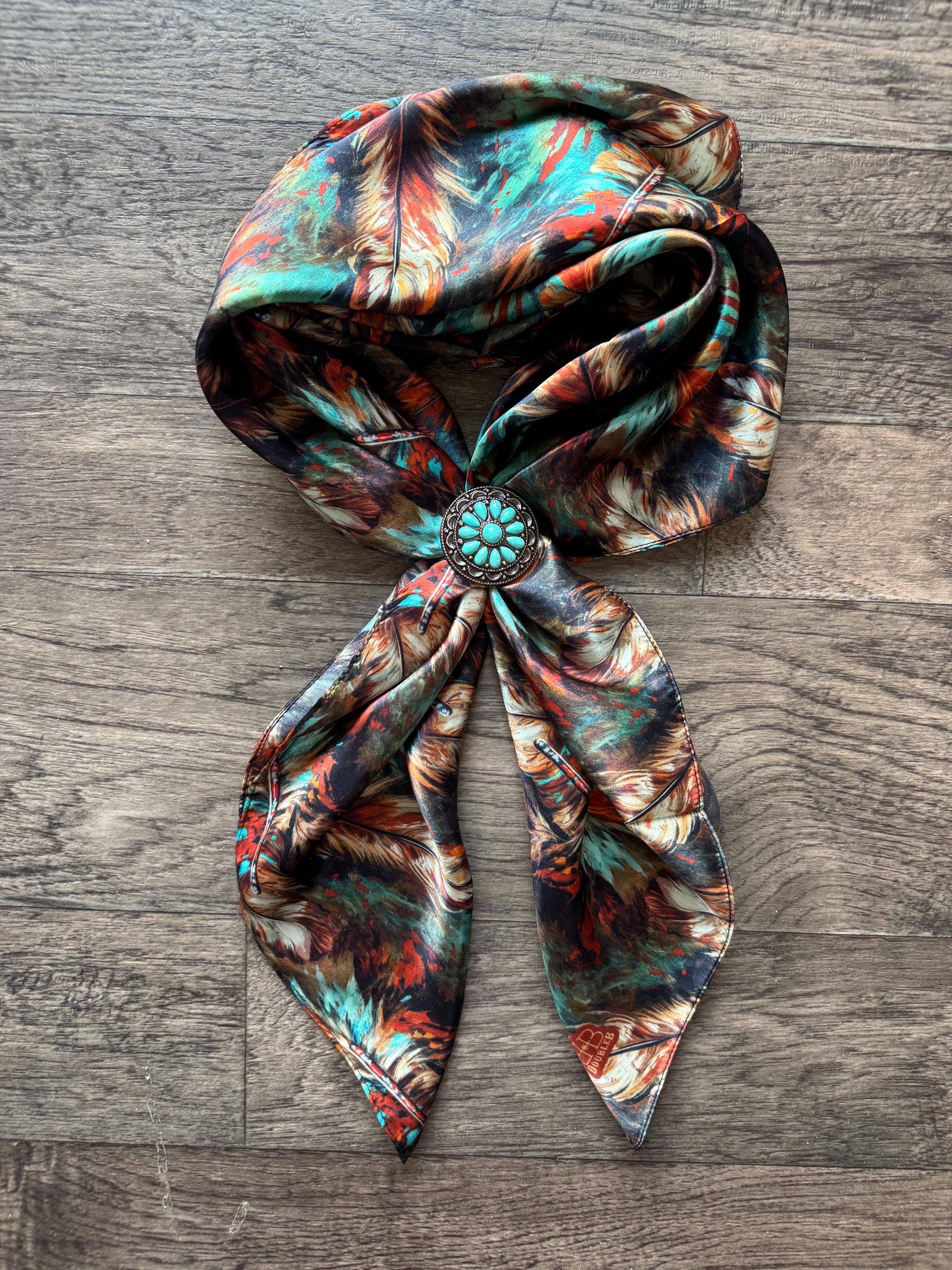 Double B Wild Rags - Wholesale Scarf - Women's - 100% Silk Wild Rag Deep Rust Brown and Teal Feathers by Double B Wild Rags5