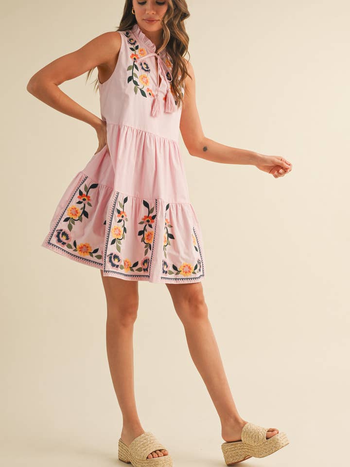 &MERCI - Wholesale Dress - Women's - FLORAL EMBROIDERY TIERED MINI DRESS MDR384135