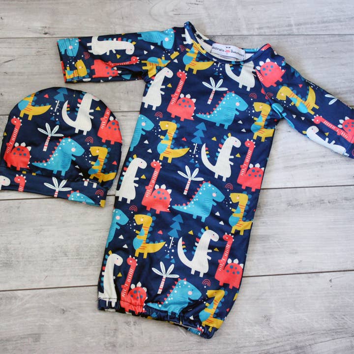 Adorable Sweetness - Wholesale Babygown Set - Baby - Infant Dino Baby Gown and Hat Set2