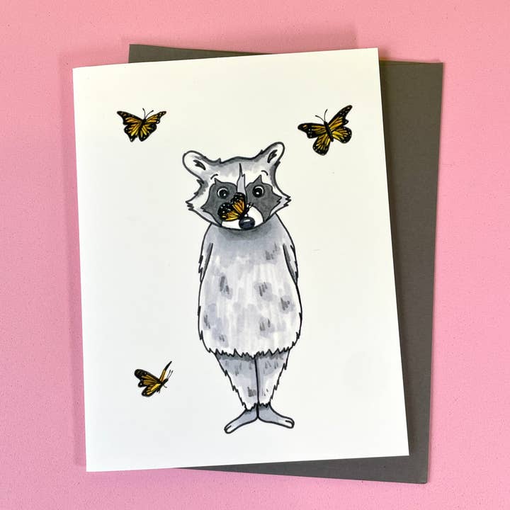 Guaxinim com cartão de borboletas por atacado de quirky burp illustrations