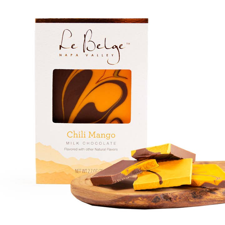Color Splash | Chili Mango Milk Chocolate 2.7 oz Bar for wholesale by Le Belge Chocolatier, Inc