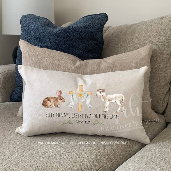 Easter Bunny Lamb Pillow Cover | Bible verse John 1:19 | Eas for wholesale by Stone River Home Co