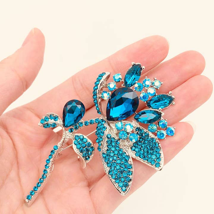 Blue Glass Drill Rhinestone Flower Brooch for wholesale by Mio Queena