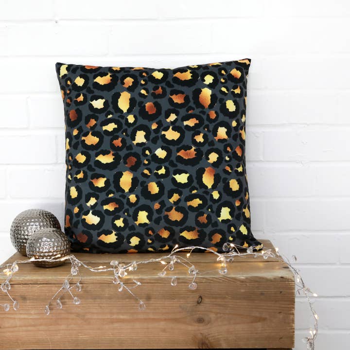 Gold & Black Leopard Print Velvet Cushion for wholesale by Kitsch Republic