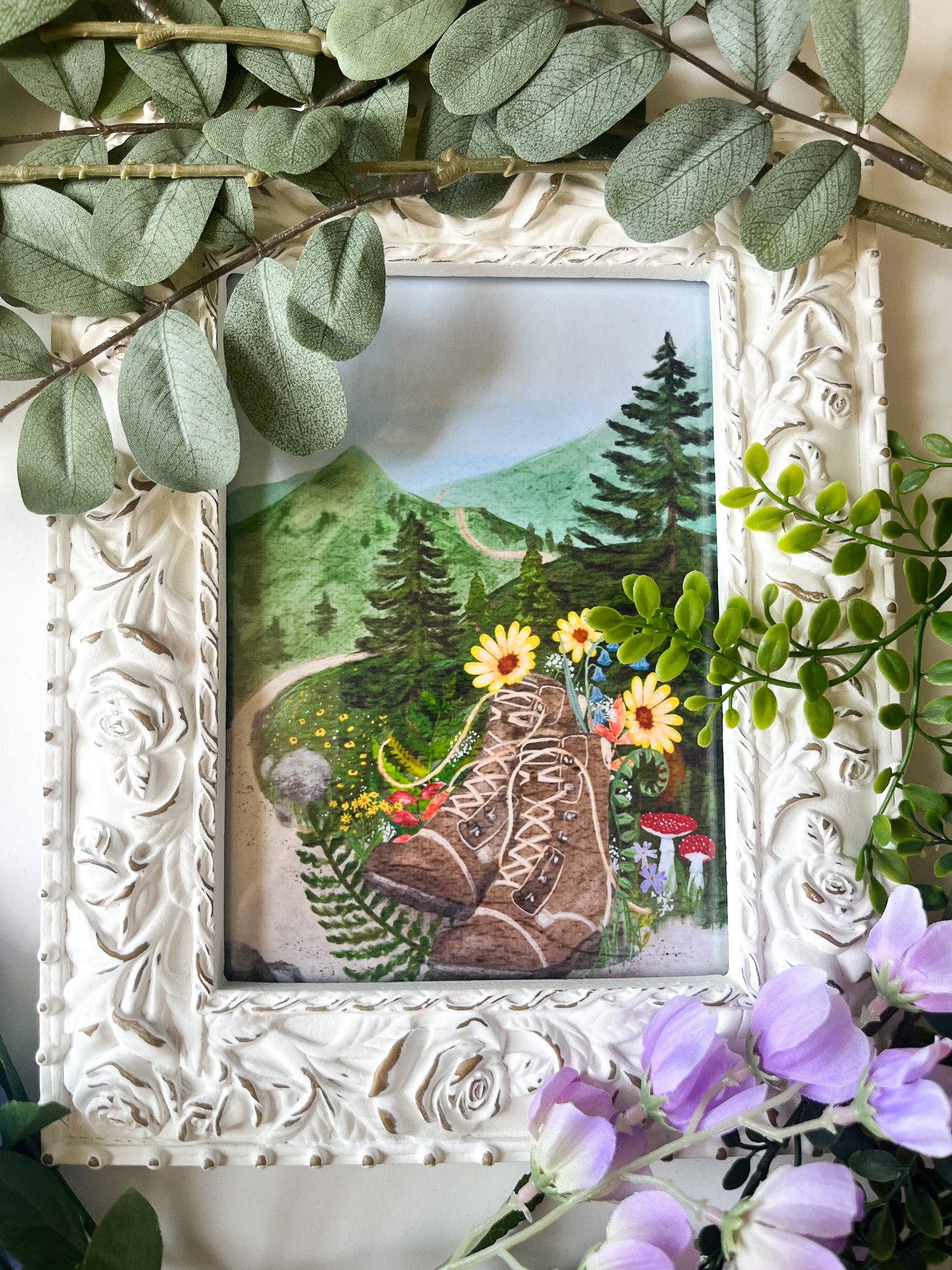 glad you're here co - Wholesale Art Print - Forest Journey Art Print – Hiking Boots & Wildflower Scene | Satin-Finish Photo Paper, 5×7 • 8×10 • 11×14 (Quote Option Available)2