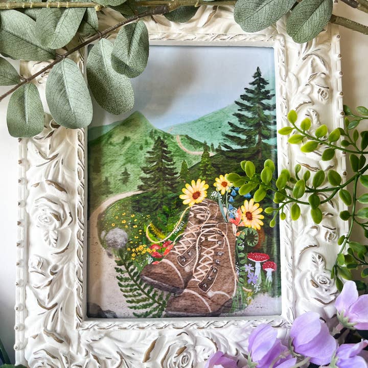 glad you're here co - Wholesale Art Print - Forest Journey Art Print – Hiking Boots & Wildflower Scene | Satin-Finish Photo Paper, 5×7 • 8×10 • 11×14 (Quote Option Available)2