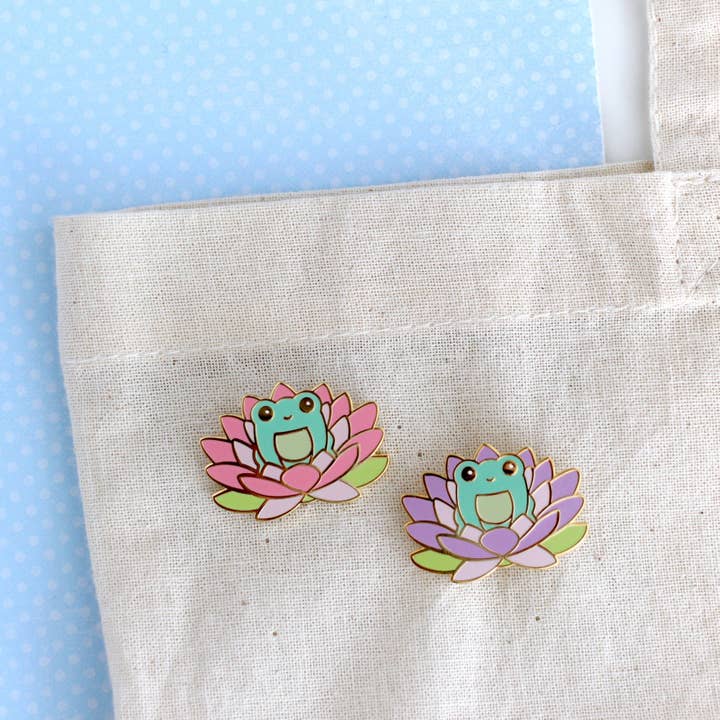Wild Whimsy Woolies - Wholesale Lapel Pin/Button - Pink Lotus Flower Frog Enamel Pin. Woodland Animal Pin2