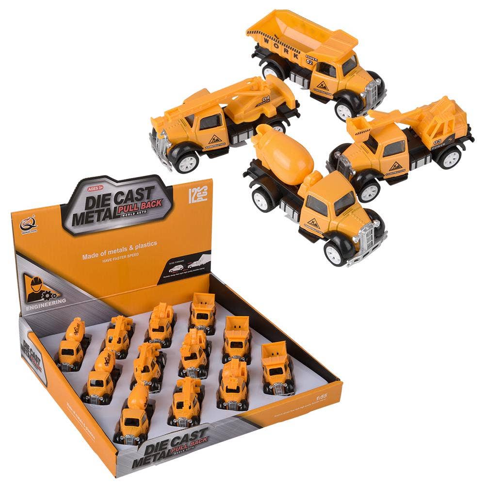 The Toy Network - Wholesale Toy Car/Truck - Kids - 3" Die Cast Pull Back Construction Vehicles 12Ct0