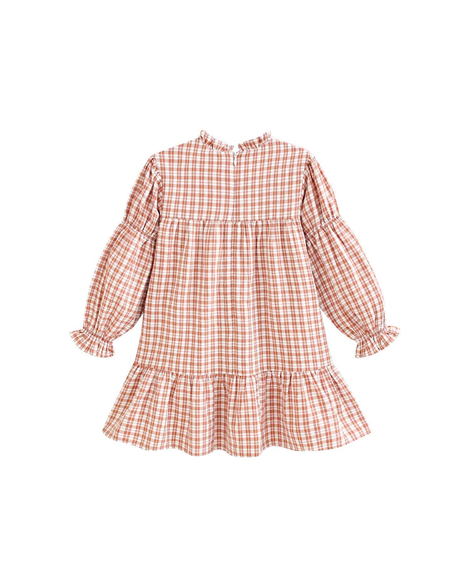 Dadati - Wholesale Dress - Kids - Orange-white checkered dress with long puffed sleeves0