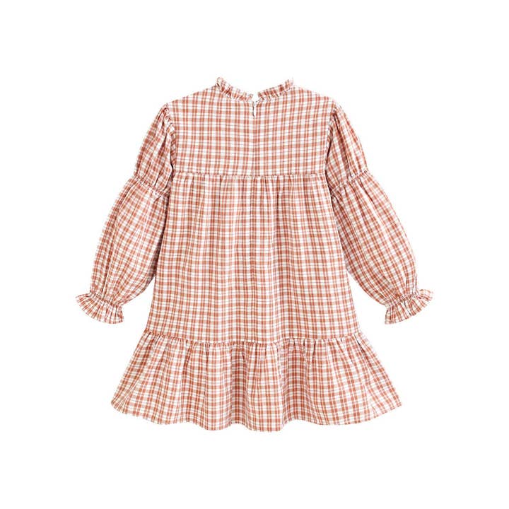 Dadati - Wholesale Dress - Kids - Orange-white checkered dress with long puffed sleeves
