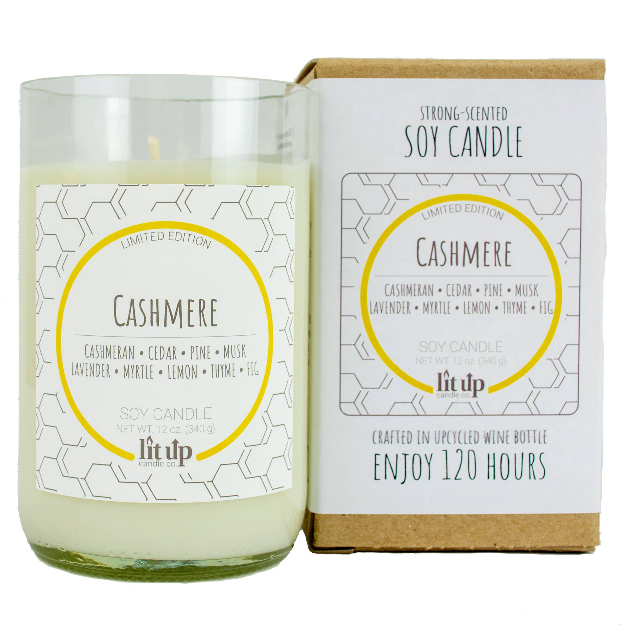 Lit Up Candle Co. - Wholesale Pot/gevulde kaars - 12 oz sojakaarsen met kasjmiergeur in geüpcyclede wijnflessen2