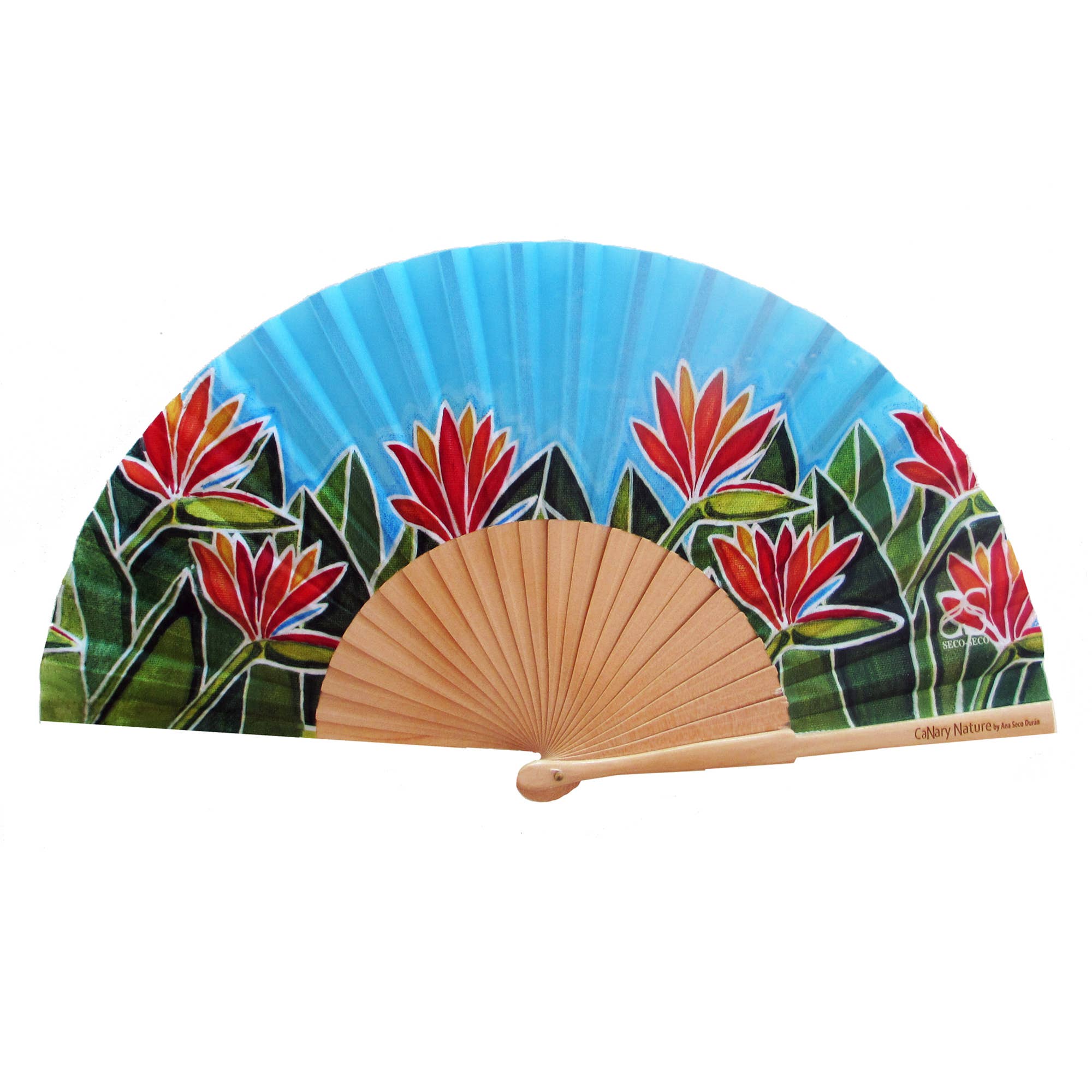 SECO-SECO - Vente Éventail - Éventail Strelitzia en bois de bouleau verni et tissu semi-soie1