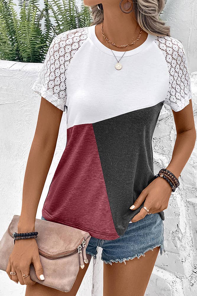 UNISHE - Wholesale Knit Top - Women's - Color Block Lace Sleeves Top YBL05810