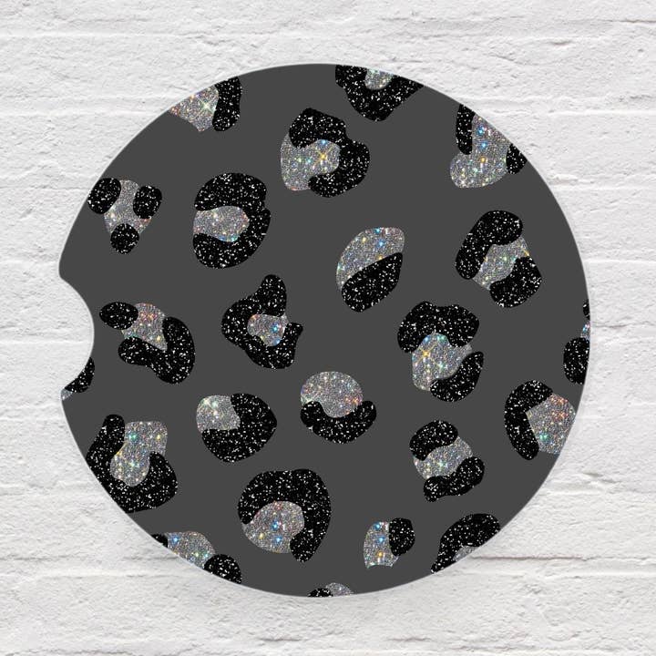 SMR Wholesale - Wholesale Onderzetter voor in de auto - dames - Zwart & Houtskool Glitter Luipaard Auto Onderzetter Set0