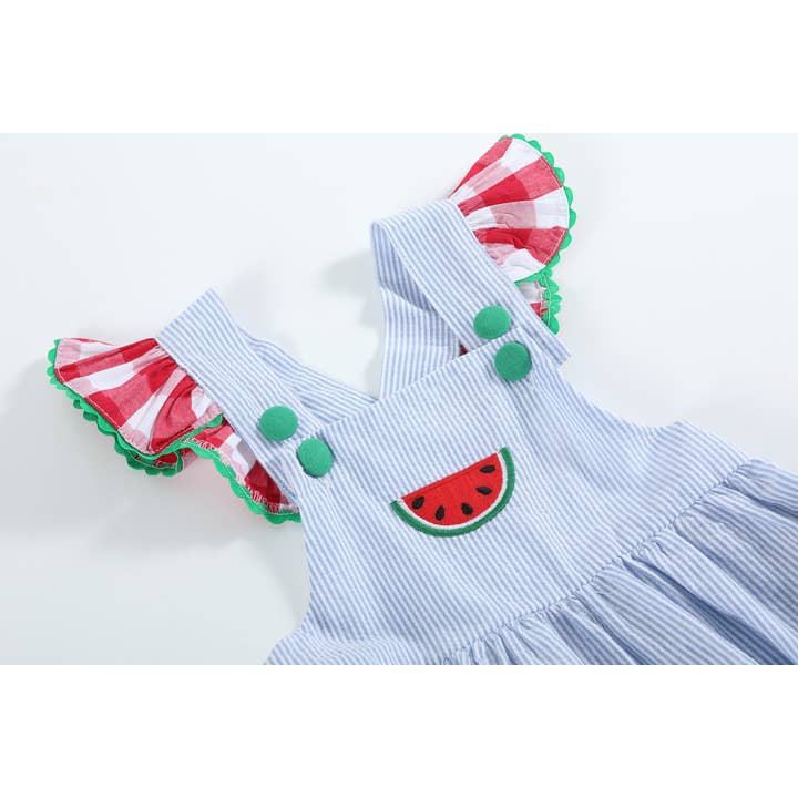 Lil Cactus - Wholesale Bodysuit (Non-Footed) - Baby - Light Blue Seersucker and Gingham Watermelon Ruffle Romper