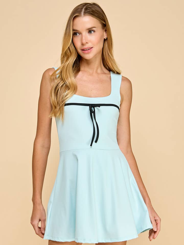 CD05301-Motion Square Neckline Bow Detail Athleisure Dress for wholesale by TCEC