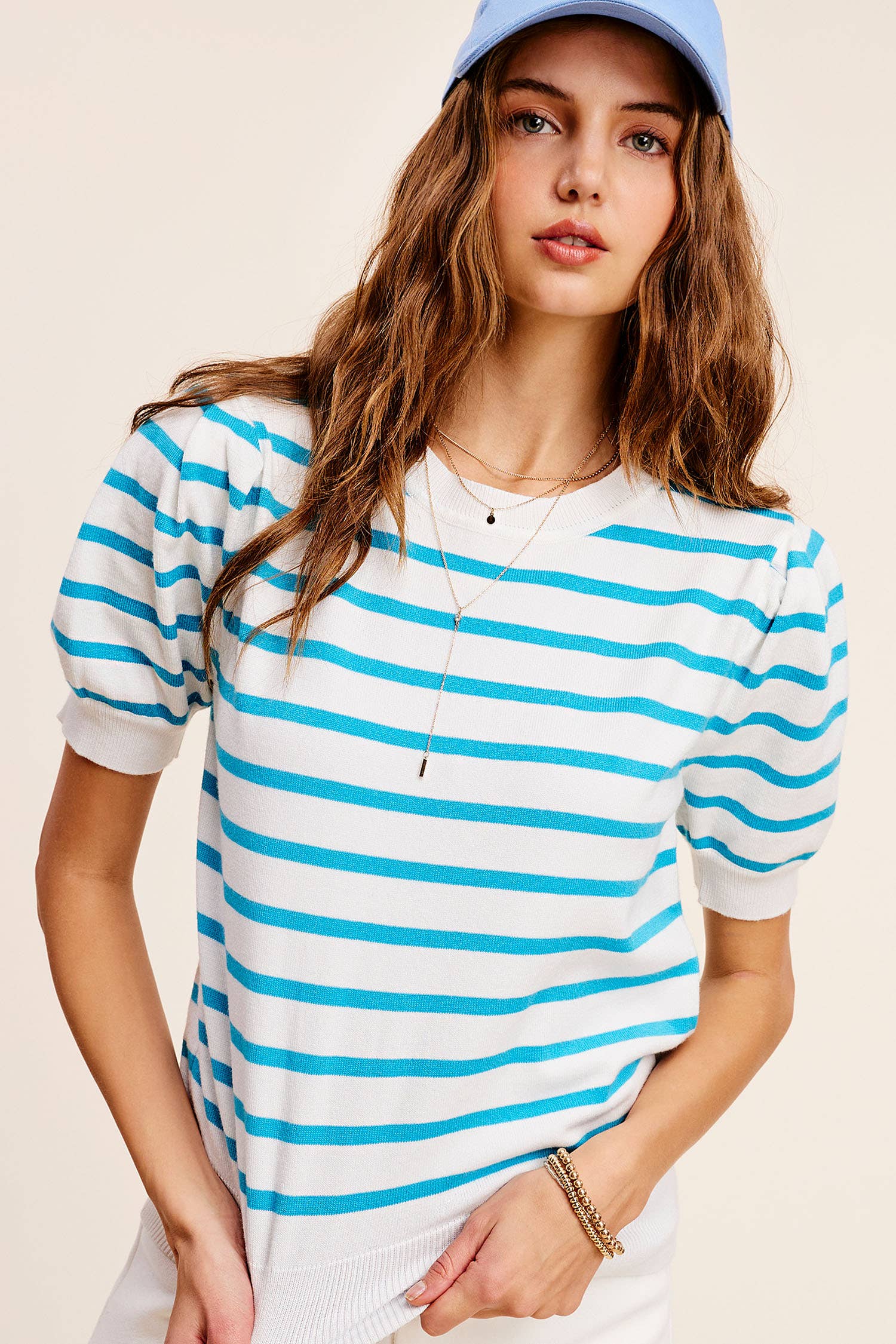 La Miel – Engroshandel Strikket top - Dame – JCS3562-letvægts Puff kortærmet stribet stribet top4