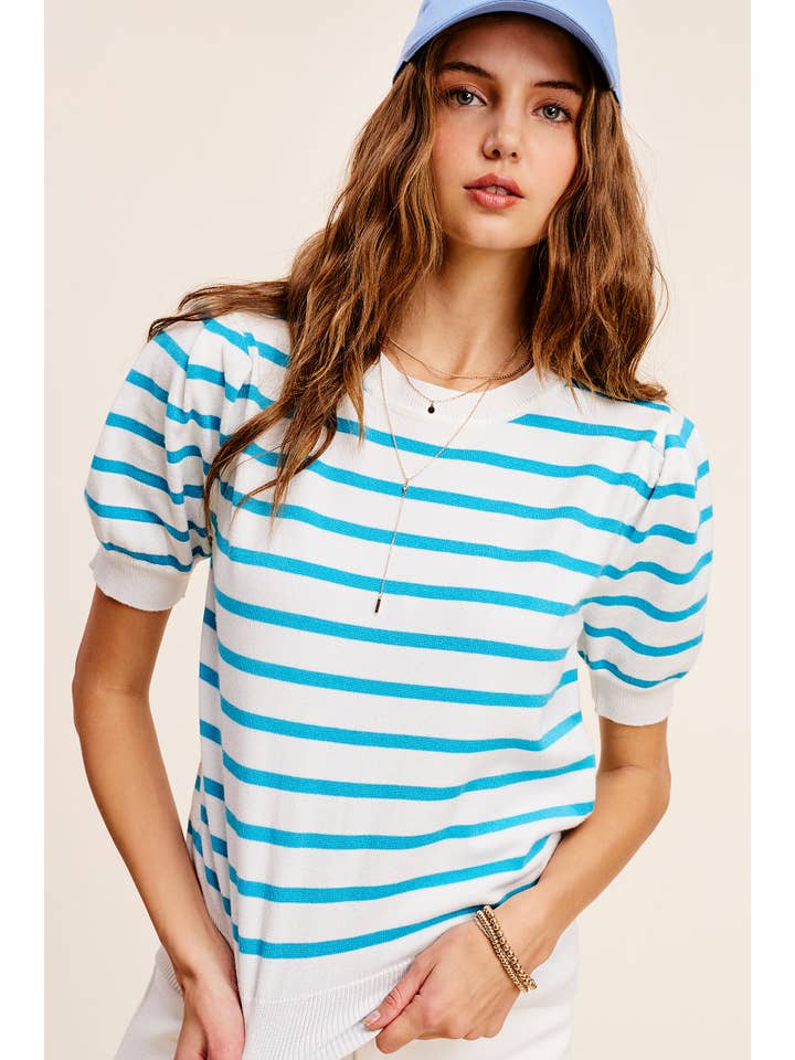 La Miel - Wholesale Knit Top - Women's - JCS3562-Lightweight Puff Short Sleeve Stripe Knit Top4