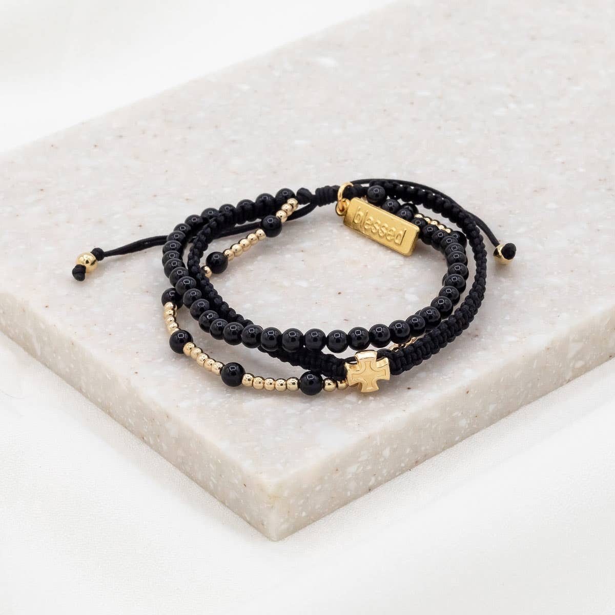 My Saint My Hero - Wholesale Beaded Bracelet - Be Still Prayer Bracelet - Gold & Black Agate0