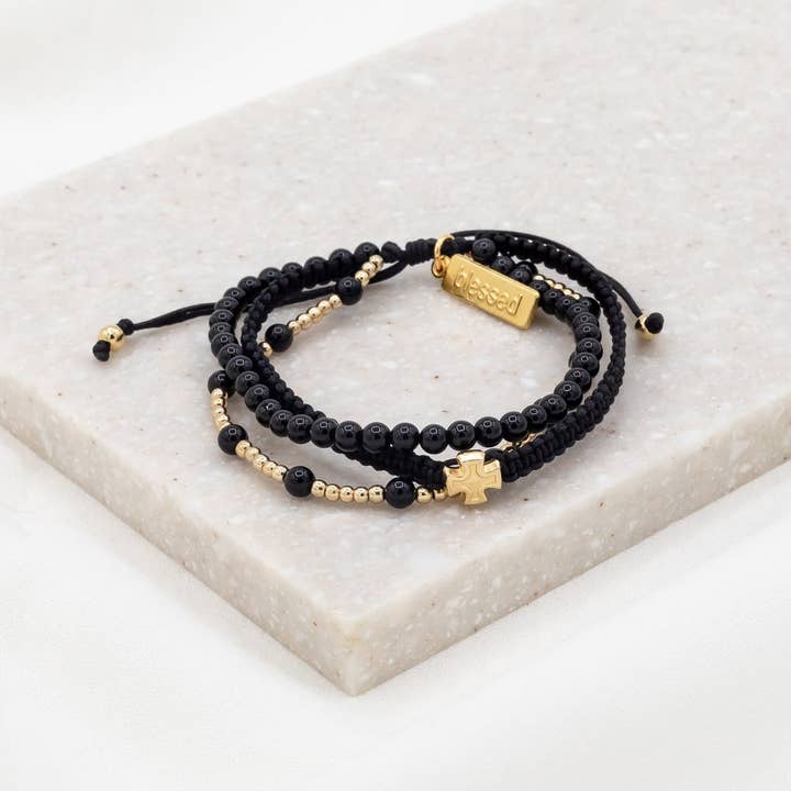 My Saint My Hero - Wholesale Beaded Bracelet - Be Still Prayer Bracelet - Gold & Black Agate
