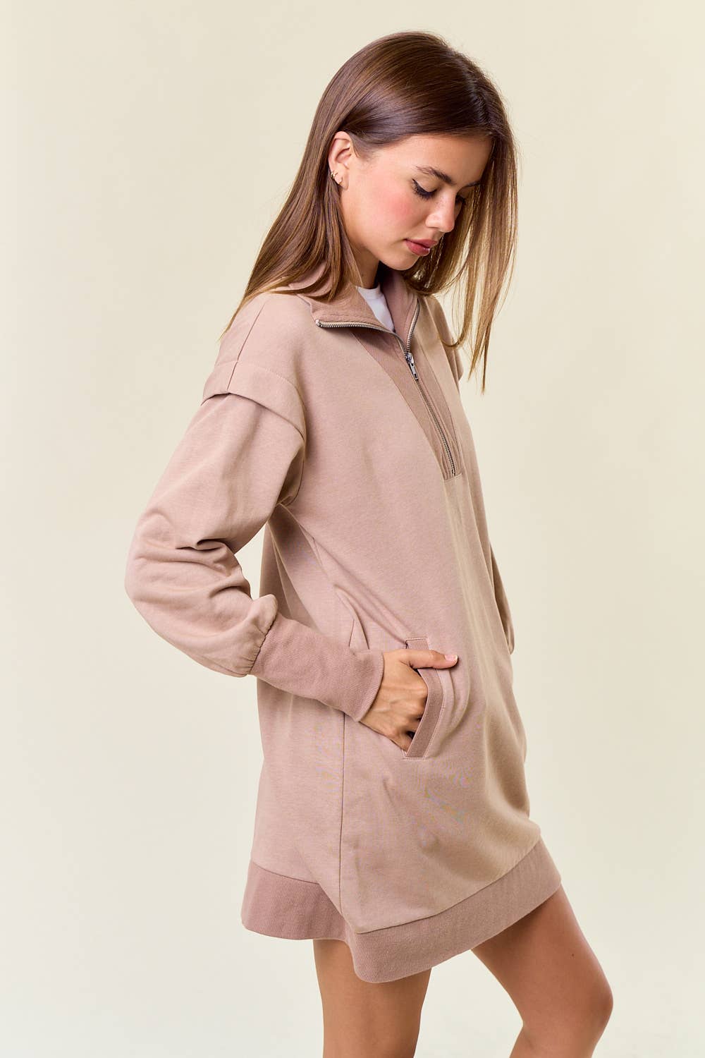 Doe and Rae – wholesale Dress – Women's – French Half Zip-Up Sweatshirt Dress W/ Pockets - 27818D2