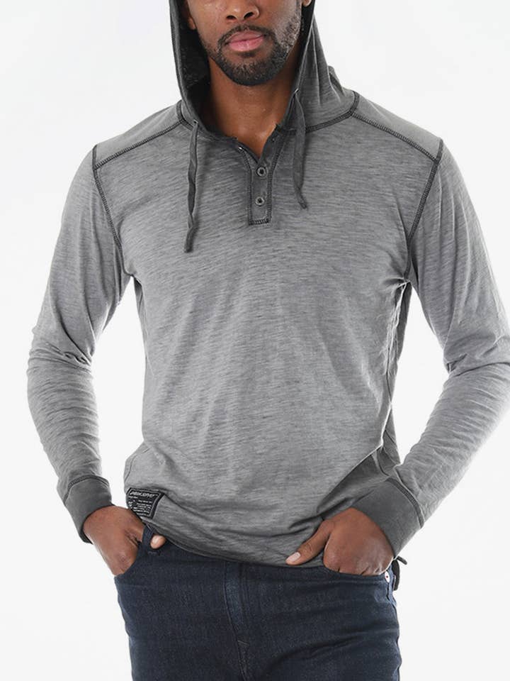 ZIMEGO Long Sleeve Vintage Wash Garment Dye Hooded Henley for wholesale by ZIMEGO
