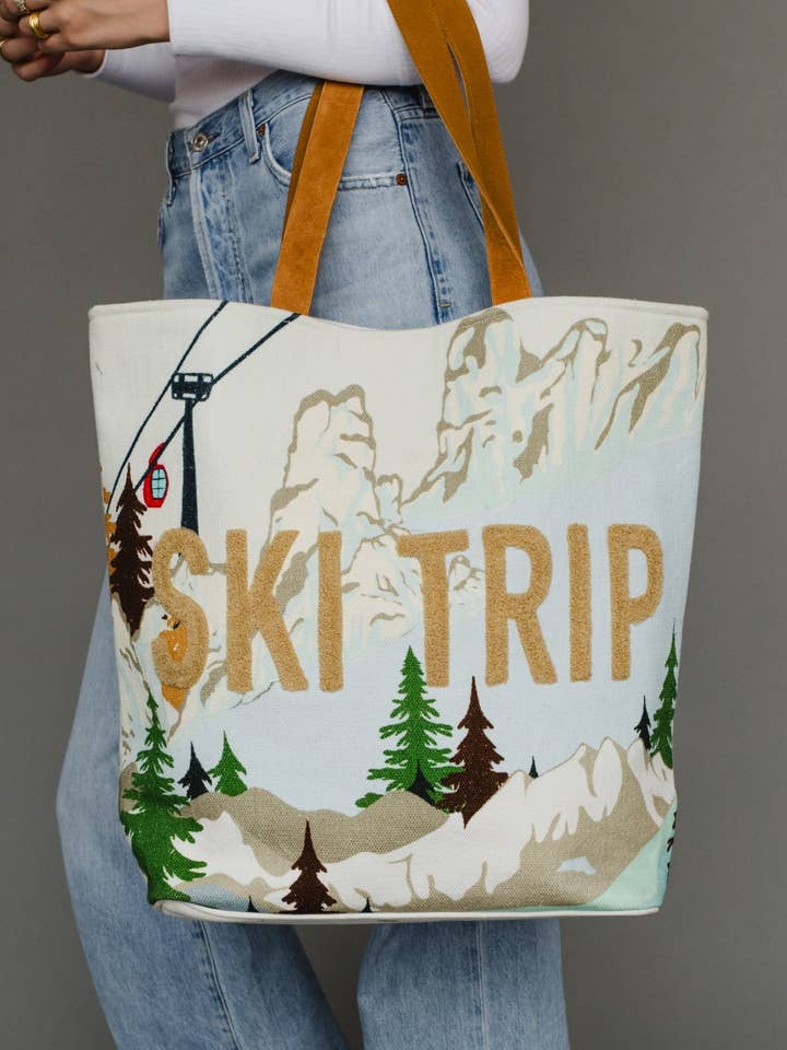 Lt. Blue Ski Trip Scene Tote for wholesale by Panache Apparel Co.