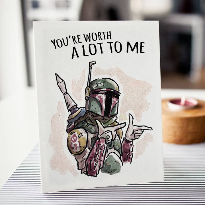 Aaron Millard Illustration – wholesale Valentine's Day card – "Worth a Lot to Me" - Galactic SciFi Nerdy Valentine Card
