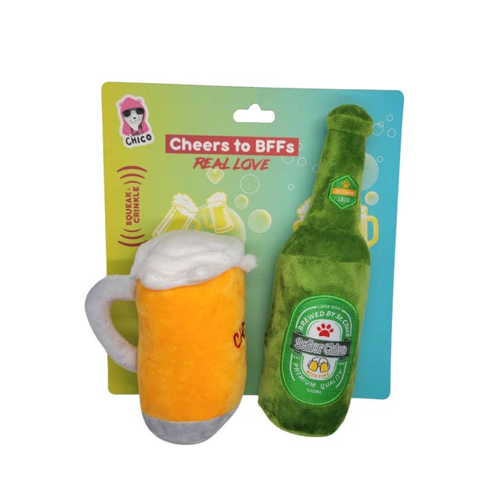 Beer-Cheers Geschenkset „Crinkle and Squeaky“ aus Plüsch für den Großhandel von Jojo Modern Pets