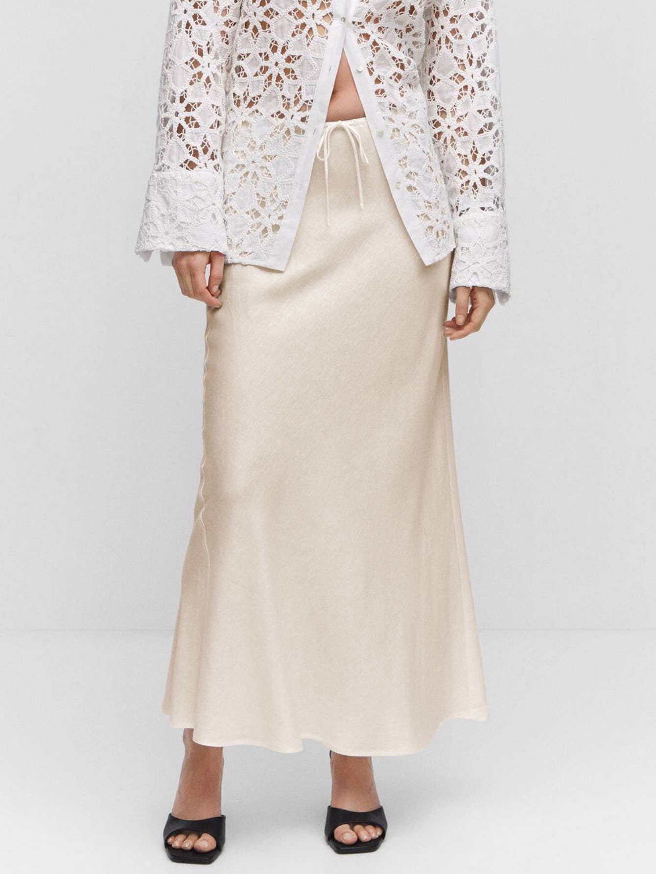 HIDDENBRAND - Wholesale Skirt - Women's - Satin High-Waisted Drawstring Tie Maxi Skirt8