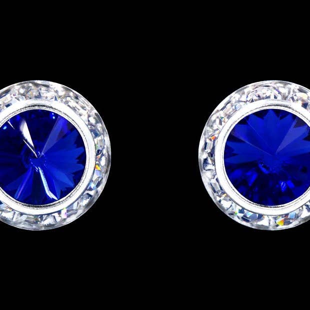 #12536 Sapphire 13mm Rondel with Rivoli Button Earrings for wholesale by Bridal Store Jewelry