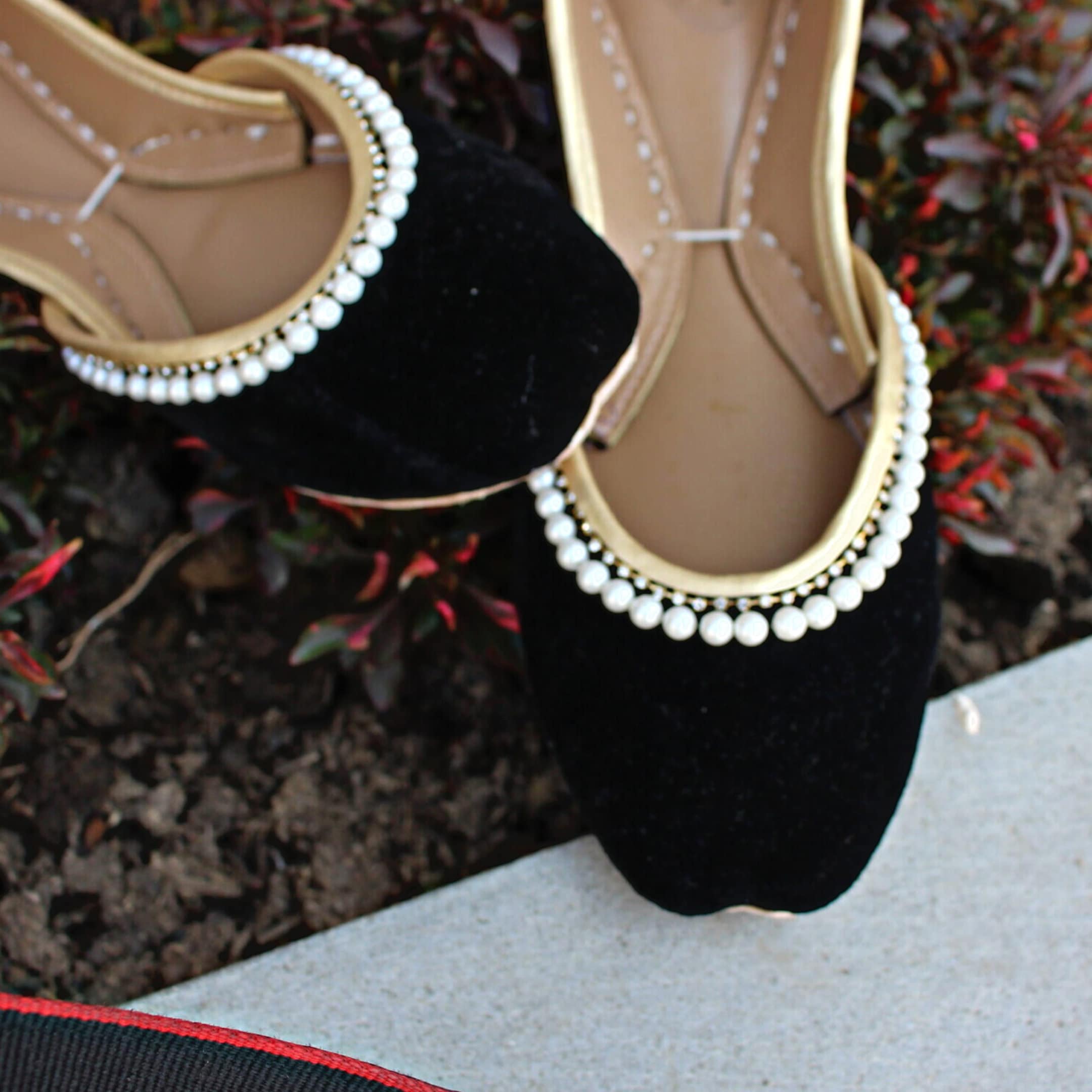 Elegance White Pearls Embellished on Black Velvet Wedding Ballet Flat Shoes for wholesale on Faire2