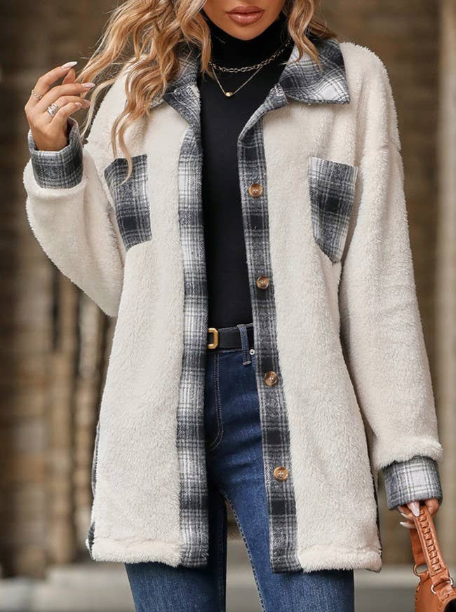 Rosa Clothing - Wholesale Fur/Faux Fur Coat - Women's - Single-Breasted Lapel Plaid Midi Plush Coat3