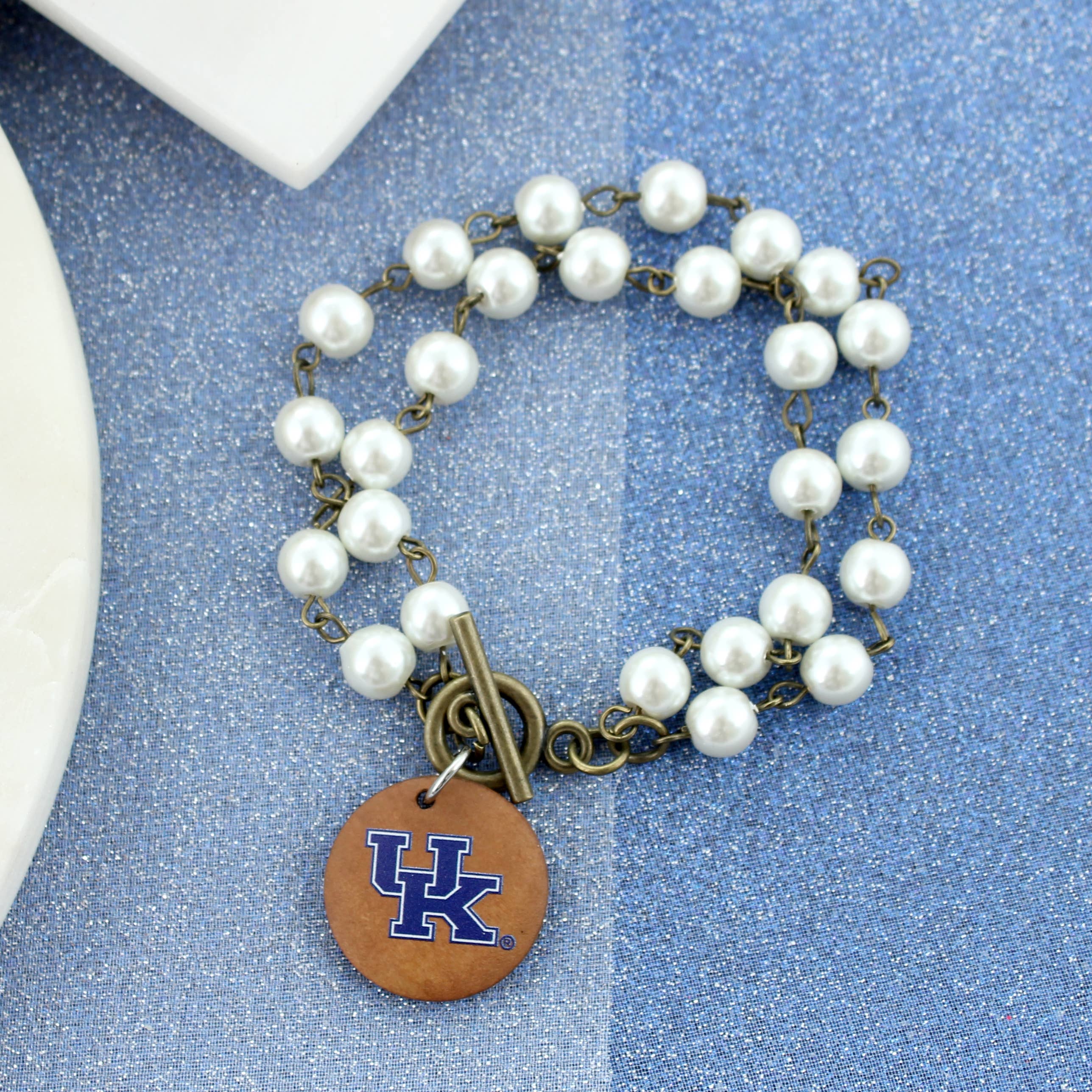 Kentucky Logo Pearl & Wood Disc Toggle Bracelet for wholesale by Seasons Jewelry