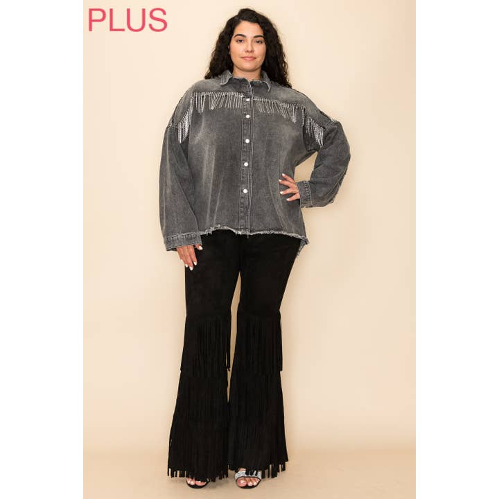CURVY RHINESTONE FRINGE DENIM SHIRTS JACKET for wholesale by VOCAL