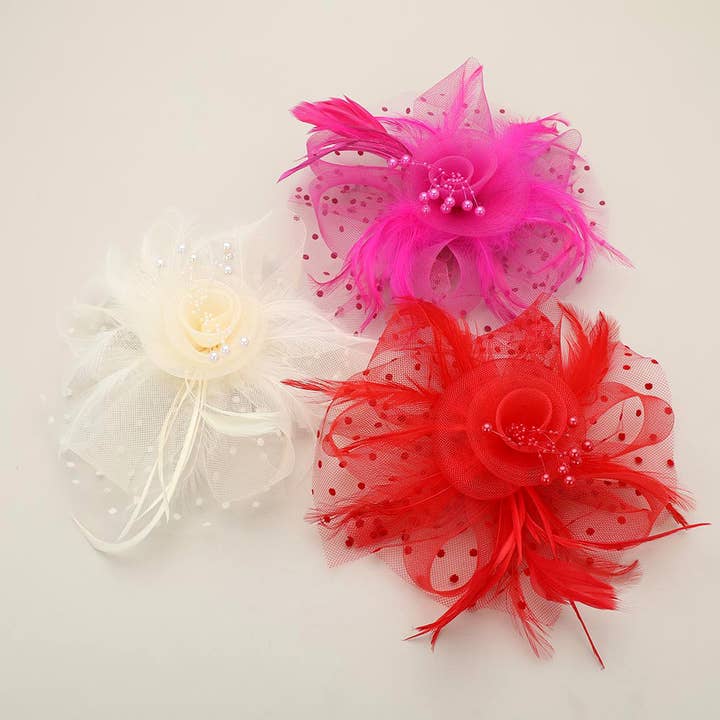 Sensibling Corp. – wholesale Fascinator hat – Women's – Pearl Stamen Flower Feather Veil Fascinator / Headband