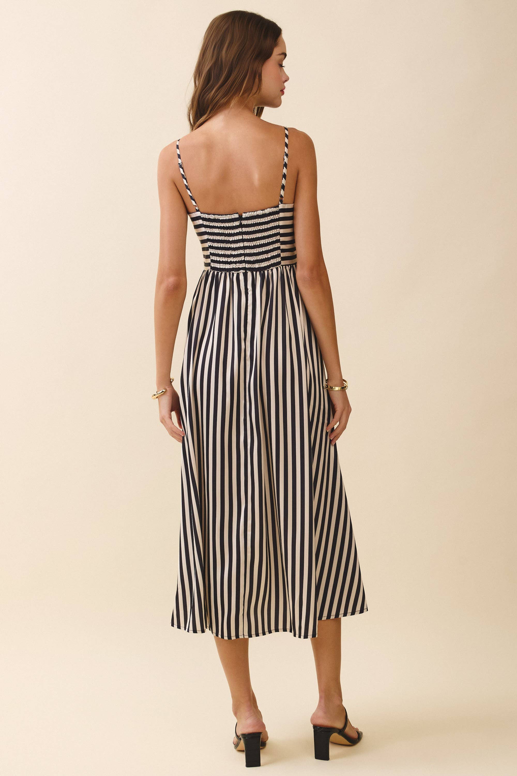 TCEC - Vente Robe – femme - CD06334-Robe midi à rayures avec dos smocké et col en V4