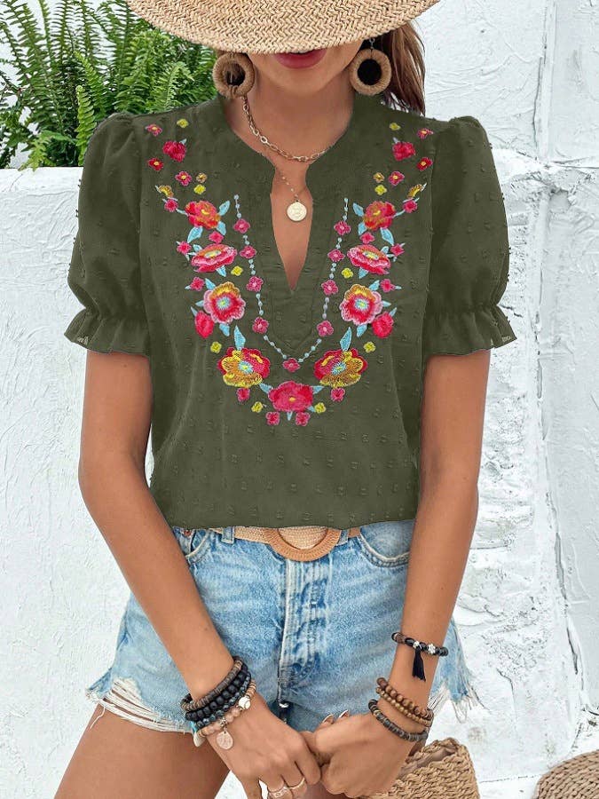 Rosa Clothing - Wholesale Blouse - Women's - Puff Sleeve Ethnic Floral Embroider Shirt2