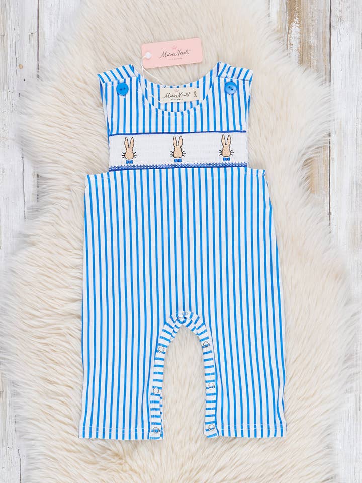 Marie Nicole Clothing - Wholesale Jumpsuit - Baby - Blue Smocked Mr. Bunny Johnny - Restocked!