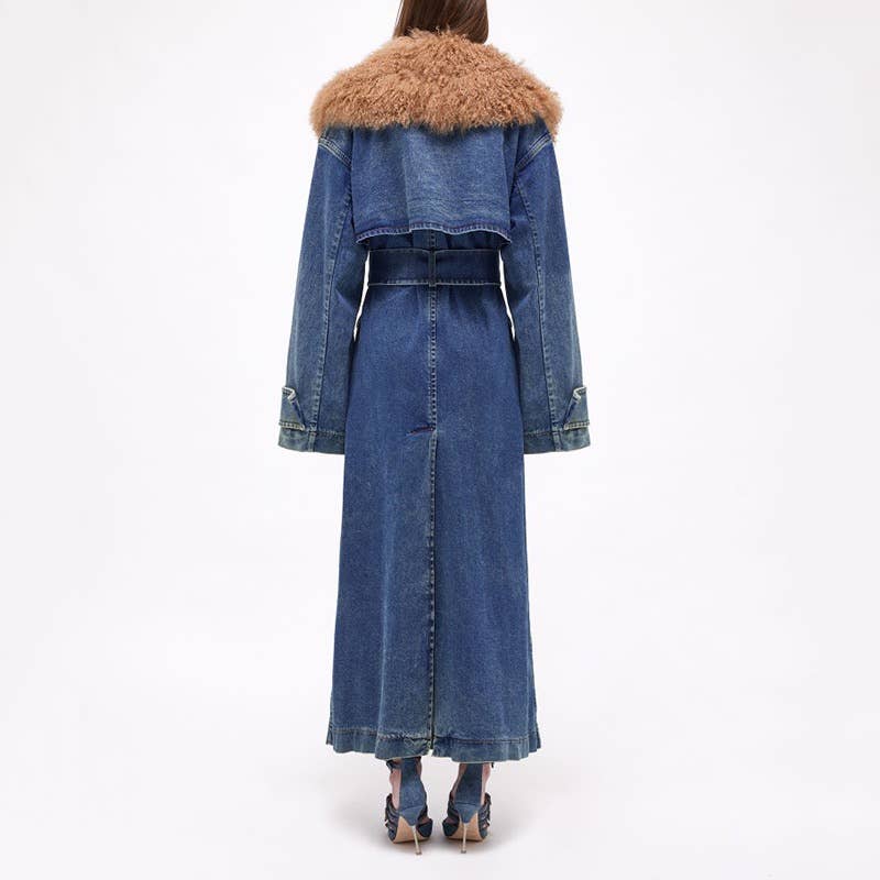 Bleu Manteau long en denim CT003 avec col détachable pour l'hiver en vente sur Faire2