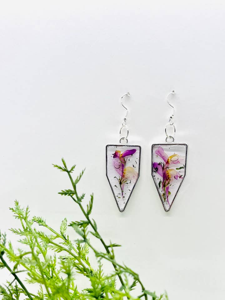 Silver Earrings with Pressed Snapdragons for wholesale by Lydia's Loops