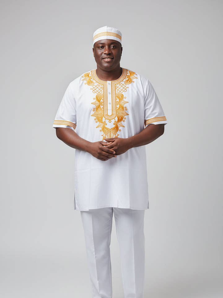 Men's 3Pcs Embroidery Set- white for wholesale by India Batik