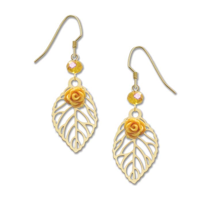 Left Hand Studios - Wholesale Dangle Earrings - Filigree Leaf With Yellow Rose