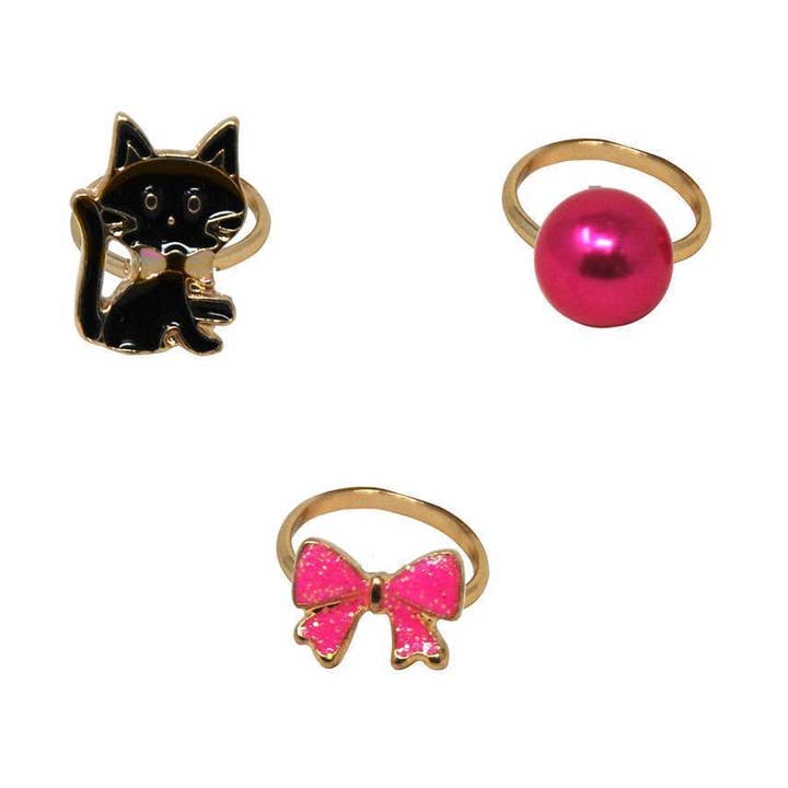 Kittens & Bows Adjustable Ring Set Of 3 | Pack of 12 for wholesale by Pink Poppy USA