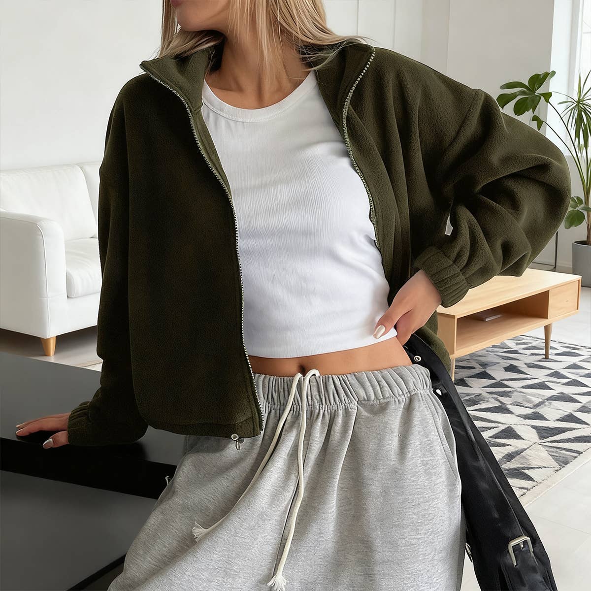 OLIVEGREEN Stand-up collar thickened fleece drawstring coat for wholesale on Faire0