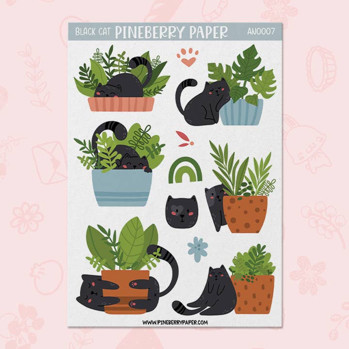 Plant & Black Cat Sticker Sheet for wholesale by Pineberry Paper