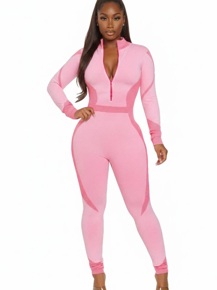 Lång sportig jumpsuit med dragkedja i våffelribbstickning för wholesale av To Star