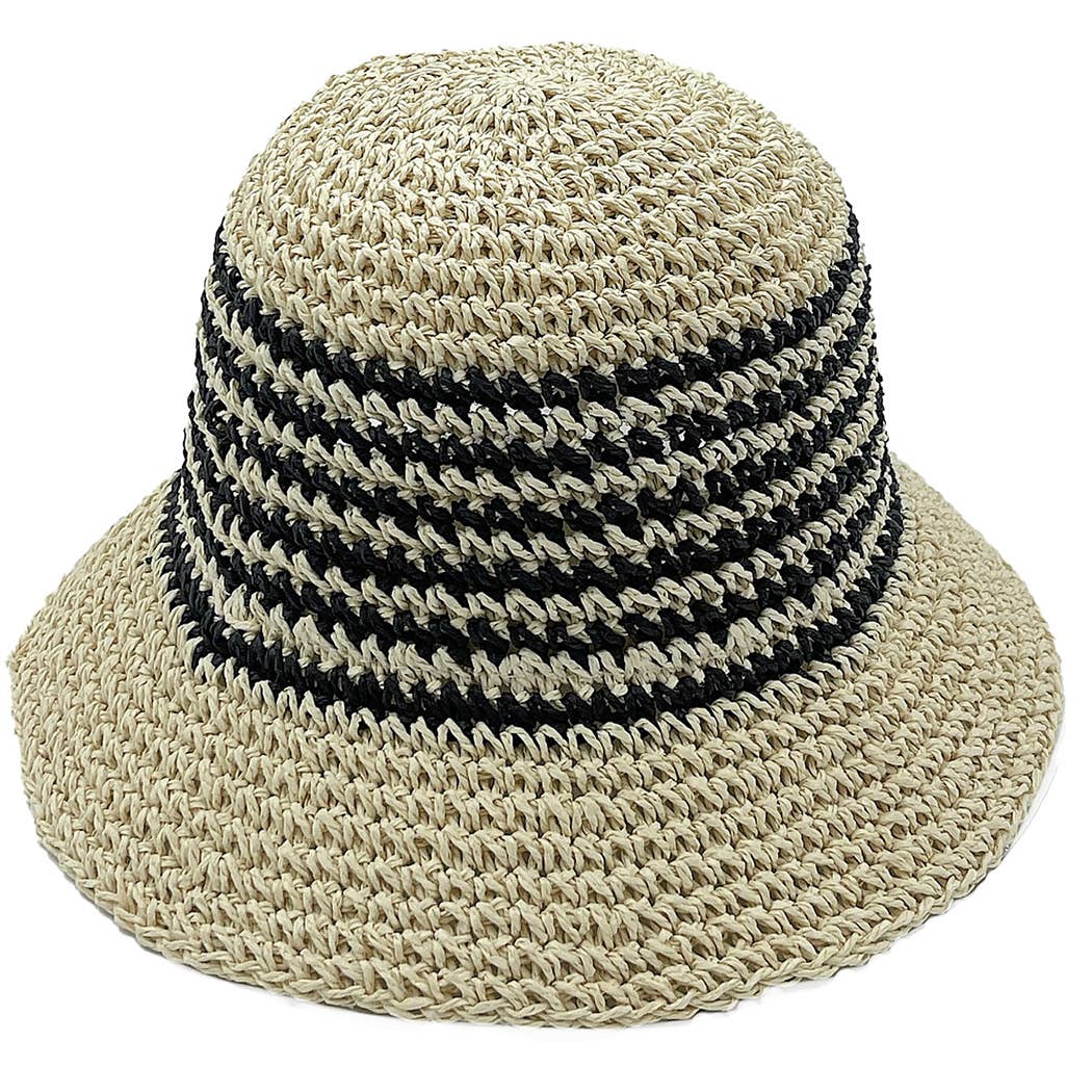 Fashion City - Wholesale Bucket Hat - Women's - Two Tone Stripe Straw Crochet Bucket Hat3