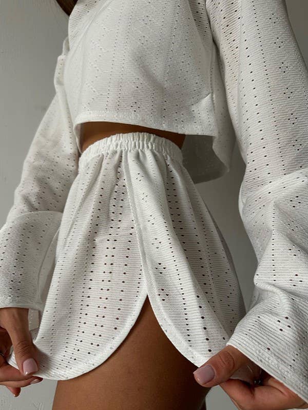 Rosa Clothing - Wholesale Lounge Set - Women's - Eyelet basic long sleeve overfit loose tee lounge shorts set9