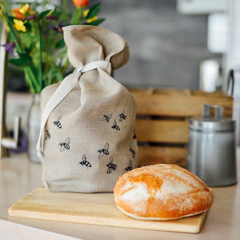 Helen Round - hand printed linen and bamboo wellness – wholesale Food storage wrap/bag – Linen Bread Bag Handprinted Bees, Linen Bread Storage Bag0